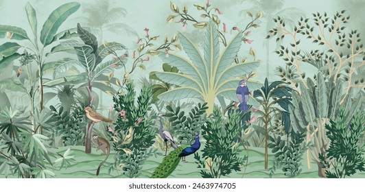 Pájaro de Fondo de pantalla de la selva tropical, ilustraciones de pavo real. Hojas de plátano Tropical deja Fondo de pantalla para impresión digital. Fondo de pantalla exótico de la selva.