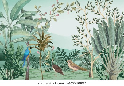 Tropical jungle wallpaper illustrations. Mural Banana tree and flamingo tropical plants for digital wallpaper. Exotic jungle wallpaper.