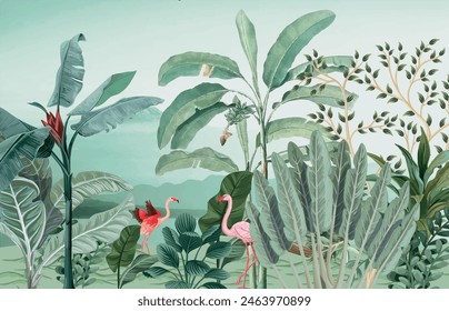 Tropical jungle wallpaper illustrations. Mural Banana tree and flamingo tropical plants for digital wallpaper. Exotic jungle wallpaper.