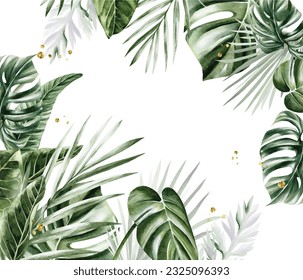 Tropical jungle watercolor vector background design. Tropical jungle collection of flower, leaves, and branches.