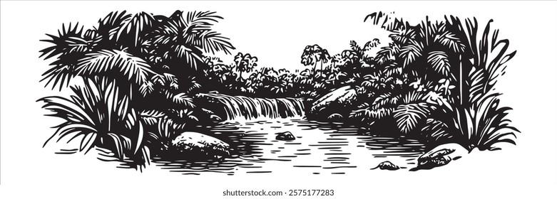 tropical jungle with waterfall and river in monochrome hand-drawn style