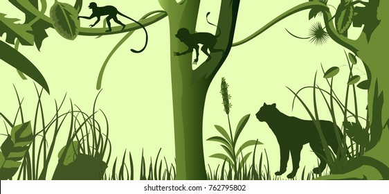 Tropical jungle wildlife silhouettes, panther, apes, trees and plants vector silhouettes.