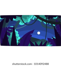 Tropical jungle with wood silhouettes and moon, beautiful tropical forest background at night vector illustration