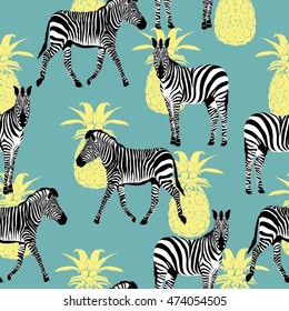 Tropical jungle with Zebra,pineapple and split leaves pattern 
