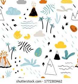 様々な恐竜 山 火山 ヤシの木 雲 卵 足跡を持つかわいいシームレスなパターン 北欧風の赤ちゃんベクターイラスト 布地のクリエイティブな子どもっぽい背景 のベクター画像素材 ロイヤリティフリー