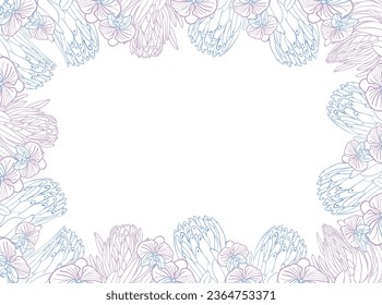 Tropical king protea and orchid flower frame boarder, hand drawn sketch flower head in pastel blue and pink color. Vector background for card or invite
