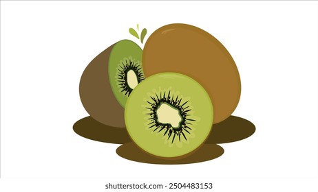 Tropical kiwi fruit in peel cut. Juicy pulp of exotic green kiwi. Fruit icon on white background