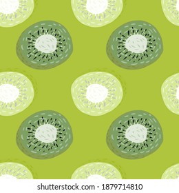 Tropical kiwi slice shapes seamless food pattern. Hand drawn artwork in green tones. Designed for fabric design, textile print, wrapping, cover. Vector illustration.