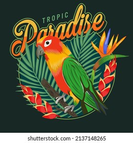 Tropical labels with parrot and heliconia, strelitzia, leaves palm isolated vector illustration. Emblem for t-shirts.