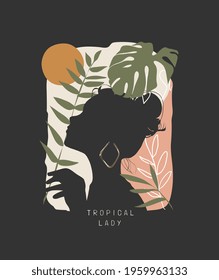 tropical lady slogan with girl shadow and tropical leafs vector illustration