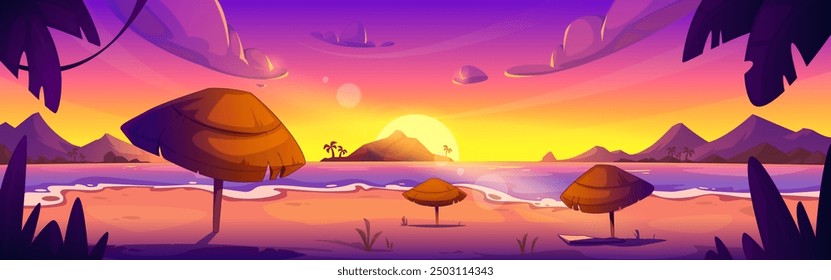 Playa de la laguna tropical con sombrillas de paja, aguas tranquilas y playa de arena, palmeras y montañas rocosas, pequeñas islas y palmeras, cielo degradado amarillo y rosa al atardecer o al amanecer. Vector de dibujos animados.