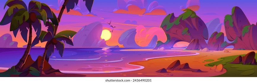 Tropical lagoon landscape on sunset or sunrise. Calm sea or ocean water, beach with sand, stone and palm trees with coconuts, rocky mountains, pink and purple sky with clouds. Cartoon vector seaside.