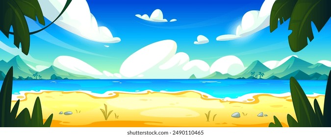 Tropical lagoon landscape with sandy beach and palm trees. Vector cartoon illustration of exotic summer island scenery, waves washing coast, mountains on horizon, clouds in blue sunny sky above water