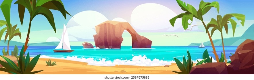 Tropical lagoon panorama with rocky arch, white sailboats and blue sea. Sandy harbor surrounded by palm trees, ocean waves, coastal cliffs on bright sky. Paradise beach landscape for summer vacation.