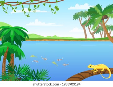 Tropical lake landscape cartoon illustration. Flat vector picture with lizard sitting on branch of palm tree. Fish swimming in lake. Nature, rainforest concept