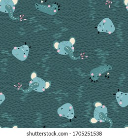 Tropical lake. Seamless pattern with cute animals faces. Childish print for nursery in a Scandinavian style. For baby clothes, interior, packaging. Vector cartoon illustration in pastel colors.