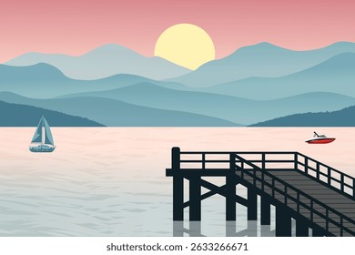 Tropical Lake Sunset with Pier and Boats Against Vibrant Sky and Misty Mountains Under a Glowing Sun. Peaceful Nature Illustration at Dusk
