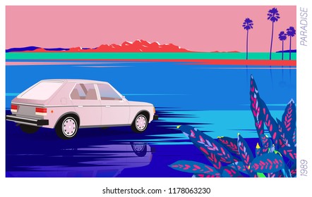 tropical lake and vintage car, 80's - 90's style poster illustration