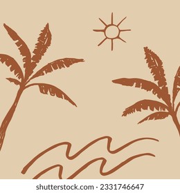 Tropical landscape background for banner, template, postcard, card, web, print, polygraph, label, template. Hand drawn vector backdrop illustration with palm trees waves, sun. Boho style marina motive