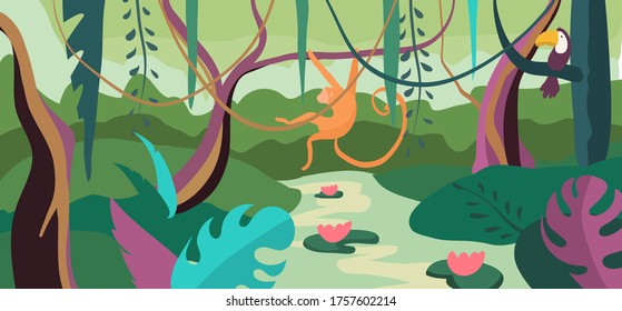 Tropical landscape background nature banner cartoon vector illustration. Concept hot country jungle, wild monkey live tree and fly liana. Rainforest with woodland river lake, tropic animal.