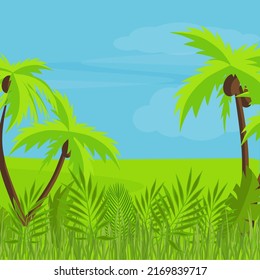Tropical landscape. Background with palm trees and tropical plants.  Beautiful exotic landscape. Vector illustration.