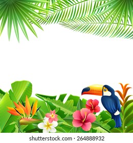 Tropical landscape background with toucan bird and flowers frame vector illustration