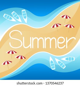 Tropical landscape background view from above - the beach, red and white striped umbrellas, the sea, white boats swing on the waves, in the center is a big inscription Summer. Flat vector illustration