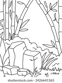 Tropical landscape with bamboo. Coloring page, black and white vector illustration.