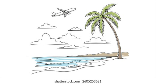 Tropical landscape with beach and palm tree Airplane in clouds single line art drawing sketch on white background