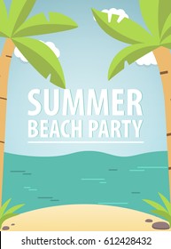 Tropical landscape with the beach sandy and sea waves and palm trees. A holiday in the resort. A concept of design of a summer poster in flat style a vector. A beach party on the seashore.