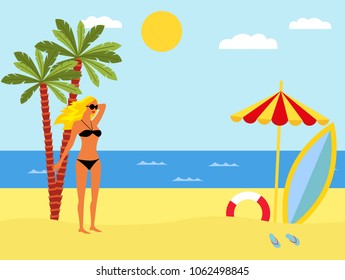 Tropical landscape with beach , sea, palm trees and girl in bikini . Summer background with sea, palm trees, beach umbrella, surfboard.