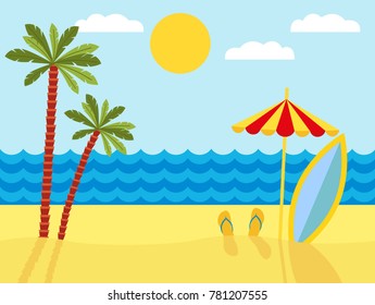 Tropical landscape with beach , sea and palm trees. Summer background with sea, palm trees, beach umbrella, surfboard