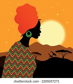 Tropical landscape with beautiful african woman in turban. African savannah card with sunset.