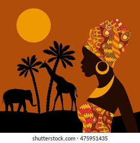 Tropical landscape. Beautiful black woman. African savannah card