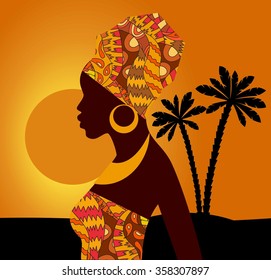 Tropical landscape. Beautiful black woman.African woman