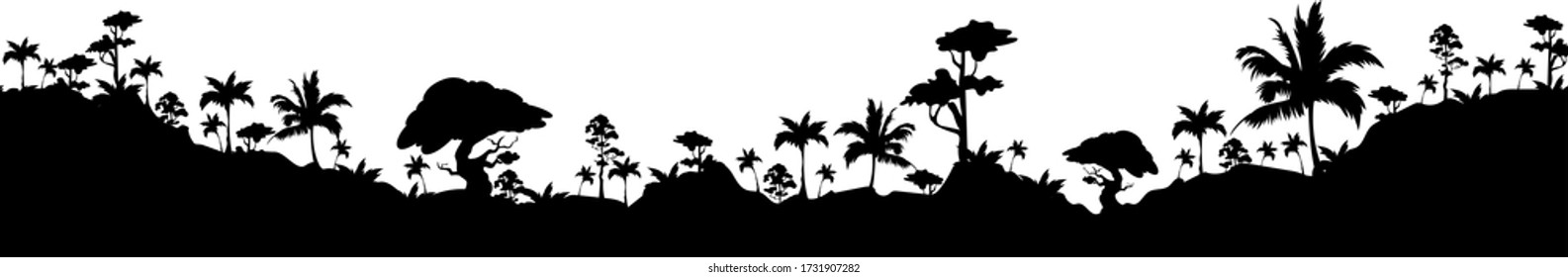 Tropical landscape black silhouette seamless border. Exotic palm trees and hills monochrome vector illustration. Rainforest decorative ornament design. Jungle plants repeating pattern