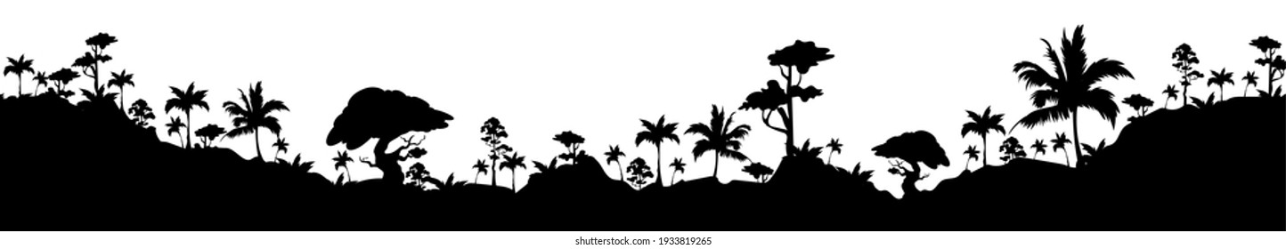 Ilustración del vector de silueta negra de paisaje tropical. Flora exótica, palmeras y colinas. Vegetación de selva tropical monocroma, formas de dibujos animados 2d de plantas de jareta. Bosque silvestre, parque natural