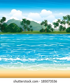 Tropical landscape with blue sea and palms. Nature vector.