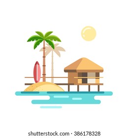 Tropical landscape with bungalow. Vector flat illustration.