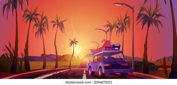 Tropical landscape with car with luggage on road with palm trees at sunset. Vector cartoon illustration of summer travel, scene with auto with suitcases, highway and mountains on horizon at evening