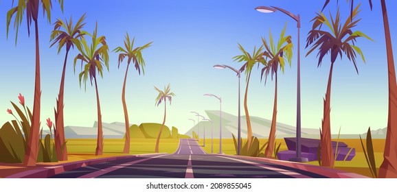 Tropical landscape with car road, palm trees, street lights and mountains on horizon. Vector cartoon illustration of summertime scene with highway, rocks, tropic trees and flowers
