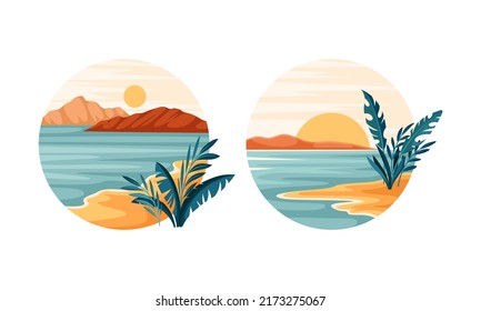 Tropical landscape in circle set. Idyllic scenes of tropical seaside with exotic plants vector illustration