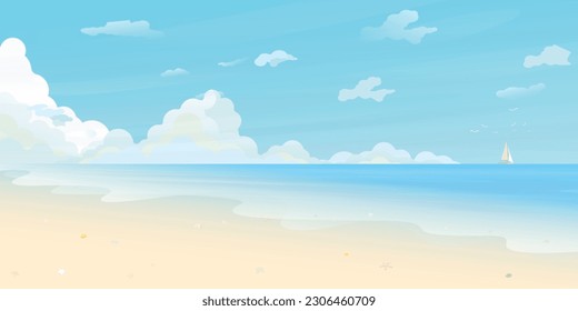 Tropical landscape of coast beautiful blue sea shore beach with yacht at skyline vector illustration.