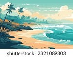 The tropical landscape of coast beautiful sea shore beach on good sunny day flat vector art illustration background