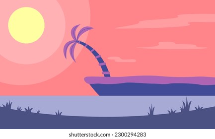 Tropical landscape of coast beautiful sea shore beach on good sunny day flat vector illustration, Creative background of landscape, panorama of sea and beach. Summer sale, post template