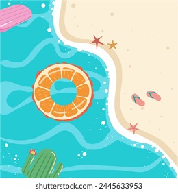 Tropical landscape of coast beautiful sea shore beach on good sunny day flat vector illustration , orange , pink and green pools.