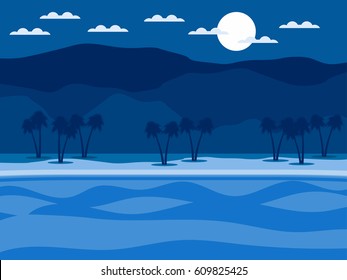 Tropical landscape. Coast with palm trees and mountains in the background. Vector illustration