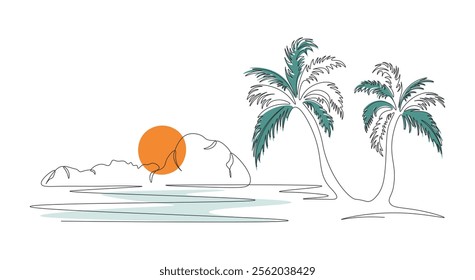 Tropical landscape drawing with one continuous line. Sea coast with palm tree and mountains. Single line oasis. Sunset on beach. Ocean lagoon. Linear drawing on white background. Vector illustration.