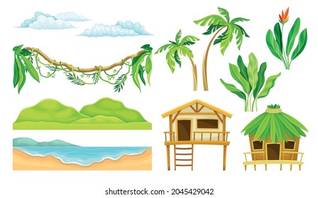 Tropical Landscape Element with Hut, Sea Shore and Green Exotic Foliage Vector Set