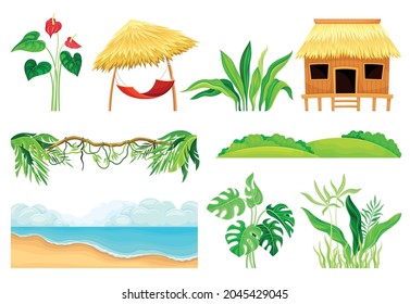Tropical Landscape Element with Hut, Sea Shore and Green Exotic Foliage Vector Set